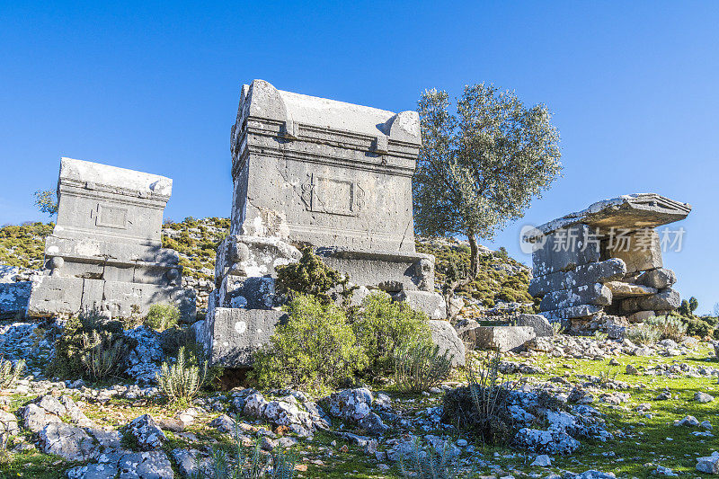 来自Dodurga村的Sidyma古城。Fethiye, Mugla，土耳其。